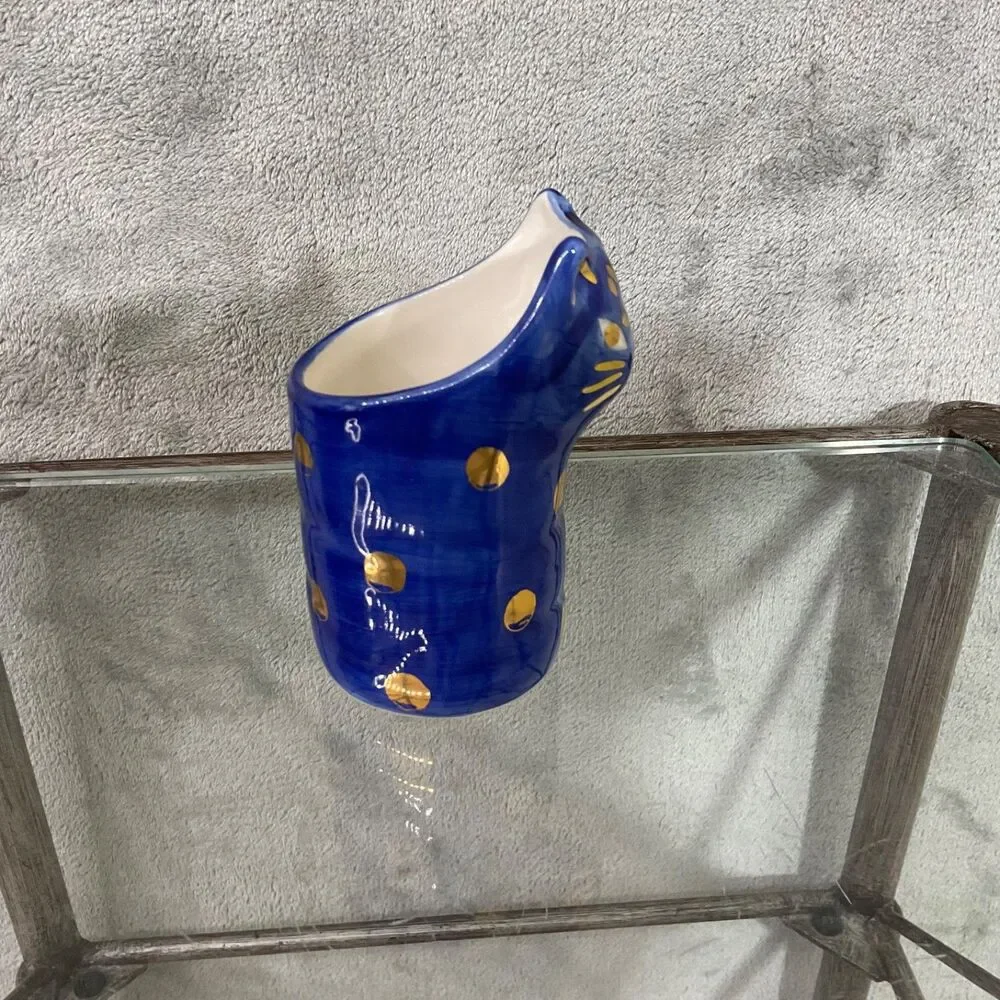 Bird Can Fox for Anthropologie Ceramic Cat-Shaped Vase Brush pen holder blue/gld